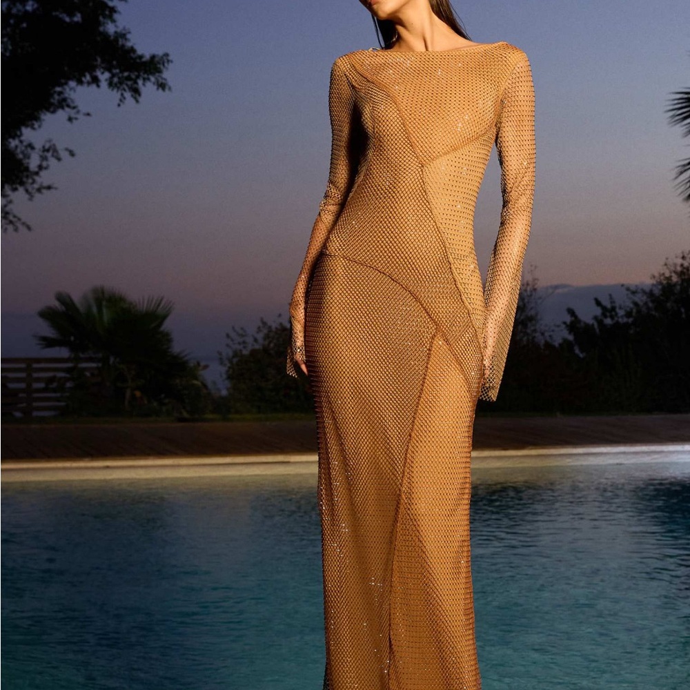 ASOS Design Gold Bronze Fishnet Hotfix long sleeve Maxi Dress